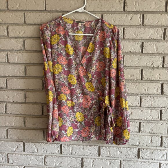 Anthropologie Pleione Pink Floral Faux Wrap With Bow Boho Blouse Medium - Picture 3 of 8